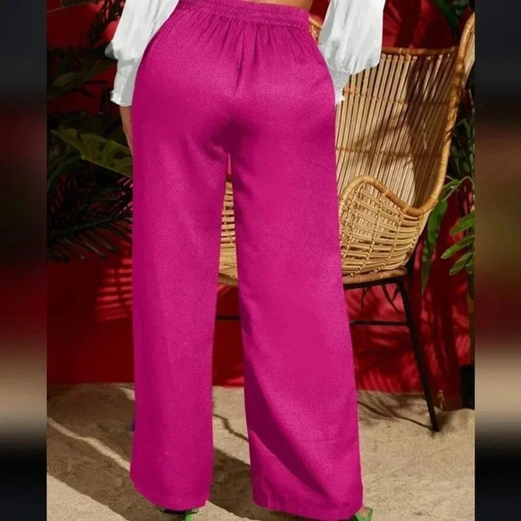 Solid Drawstring Waist Wide Leg Summer Black Pants - Picture 2 of 6